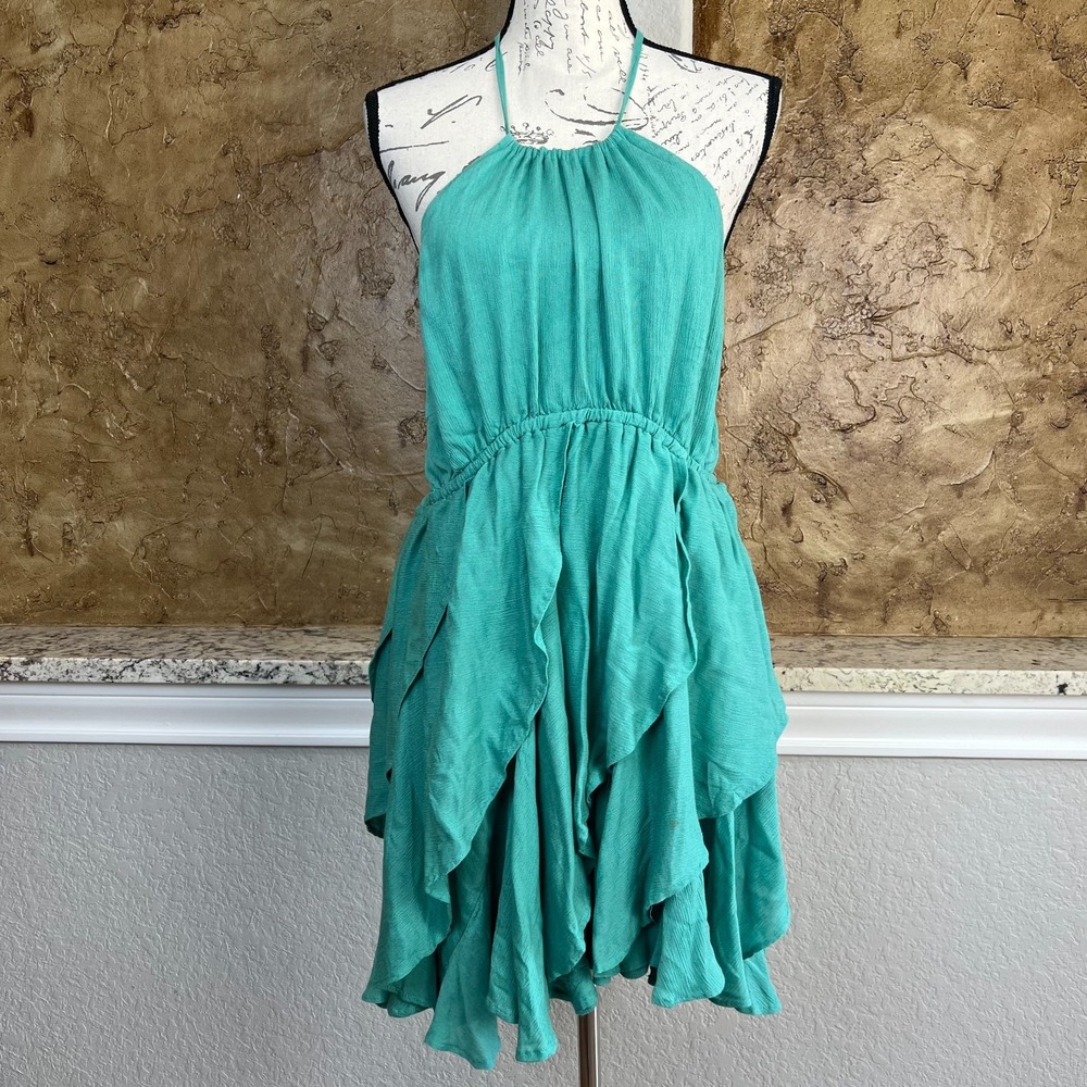 Free People Dress Womens XS Backless Halter Mini Tiered Ruffle Hippie Boho Green